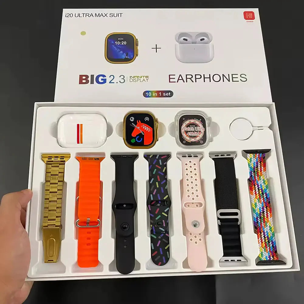 10 in 1 ultra watch with free Airpod and a Protective case 49 mm Amoled glass with wireless charging and 7 straps
