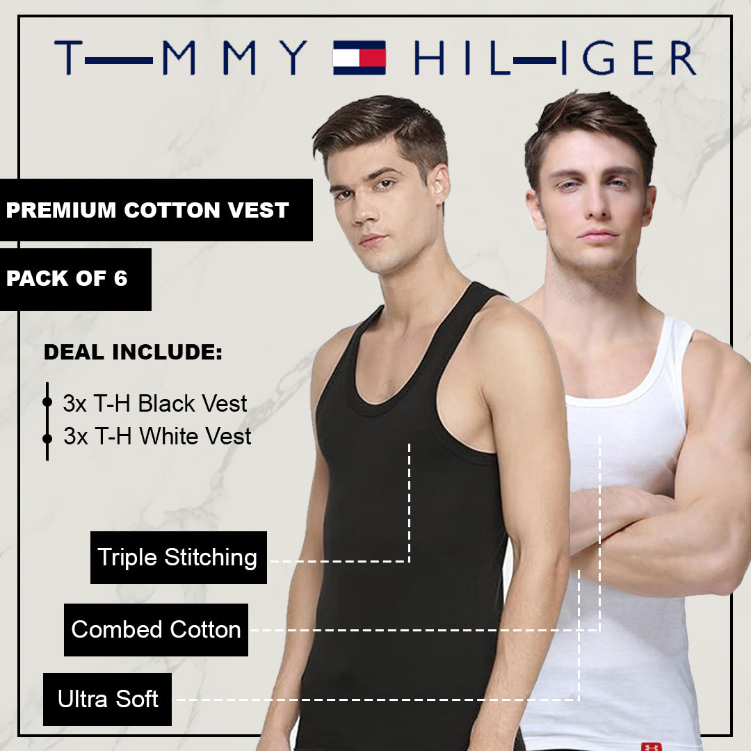 TH Branded Premium Men’s Vest Deal of 6 (3 Black, 3 White)
